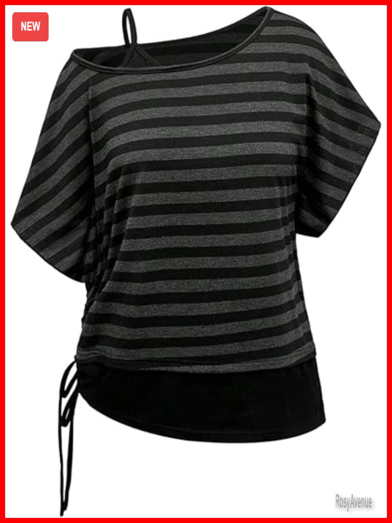 Oversized Off Shoulder Striped Dolman Sleeve Y2k T-Shirt
